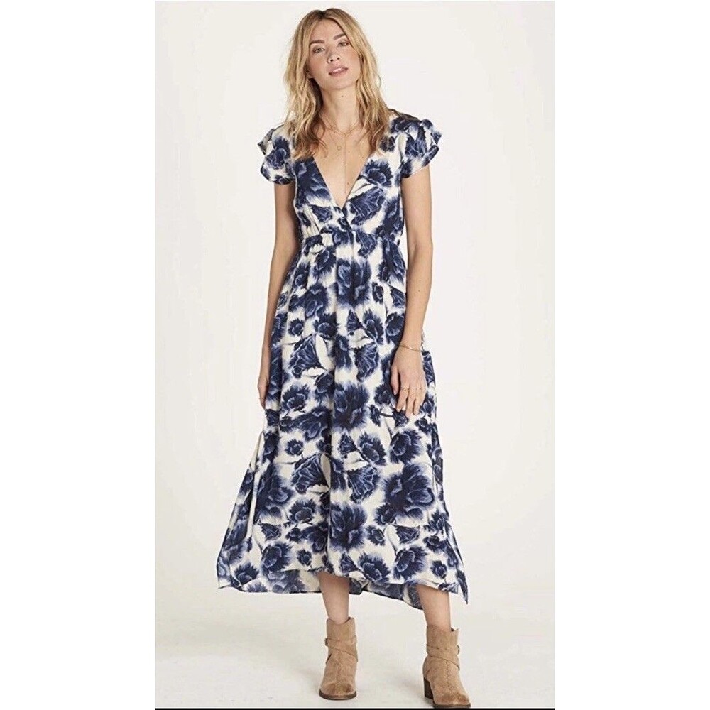 Billabong Don’t Mess Dress Beach Boho Dress Sz L Blue Floral Low Front Lace Back